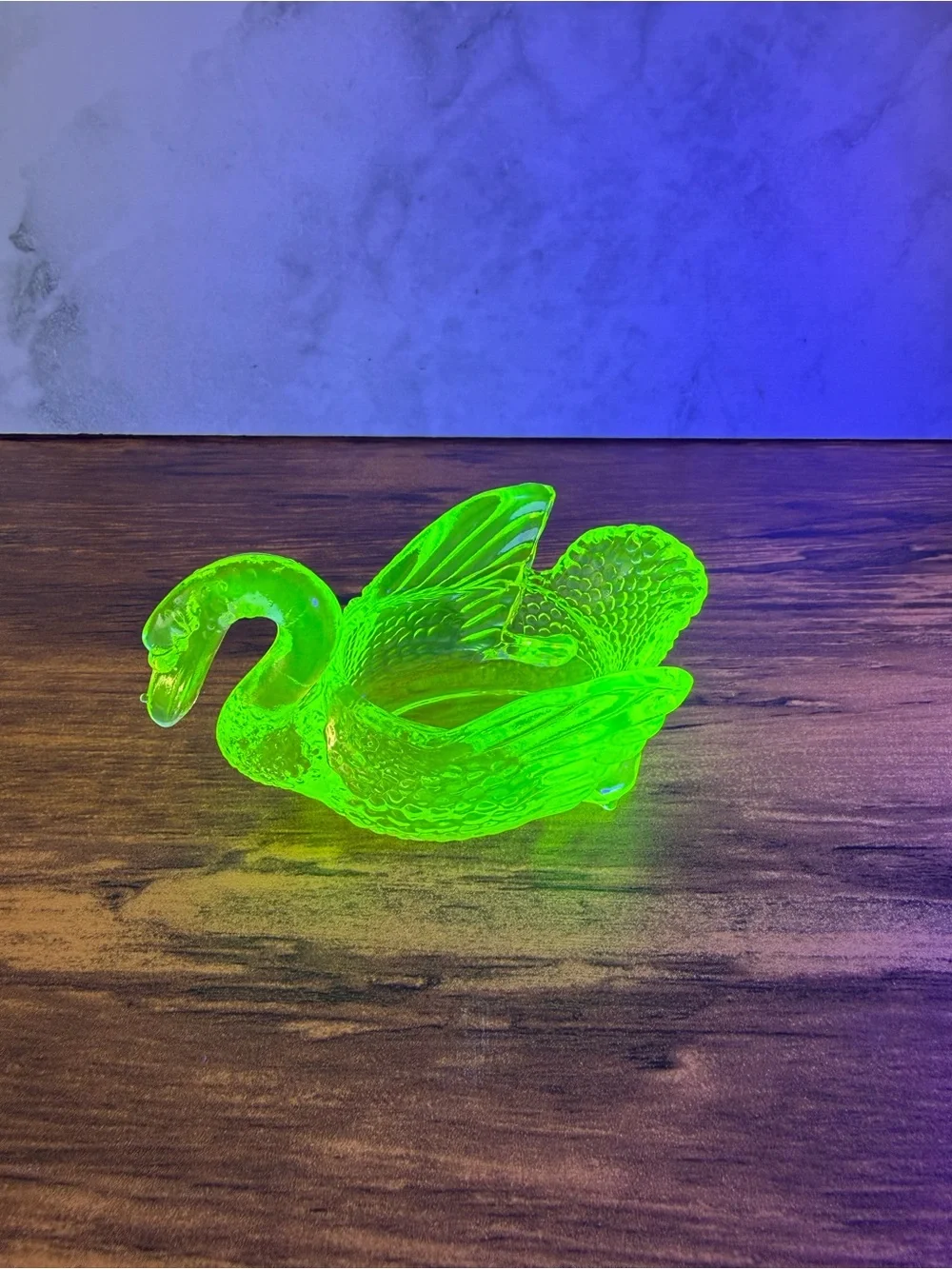 Mosser Glass Uranium Vaseline Swan Open Salt Cellar Dish UV Glow Vintage